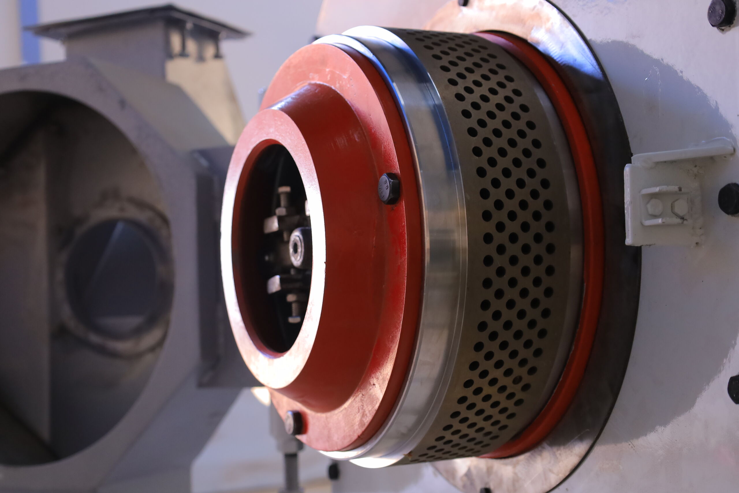 250D-1500K feed pellet mill — detail of the 250 mm die and the rollers